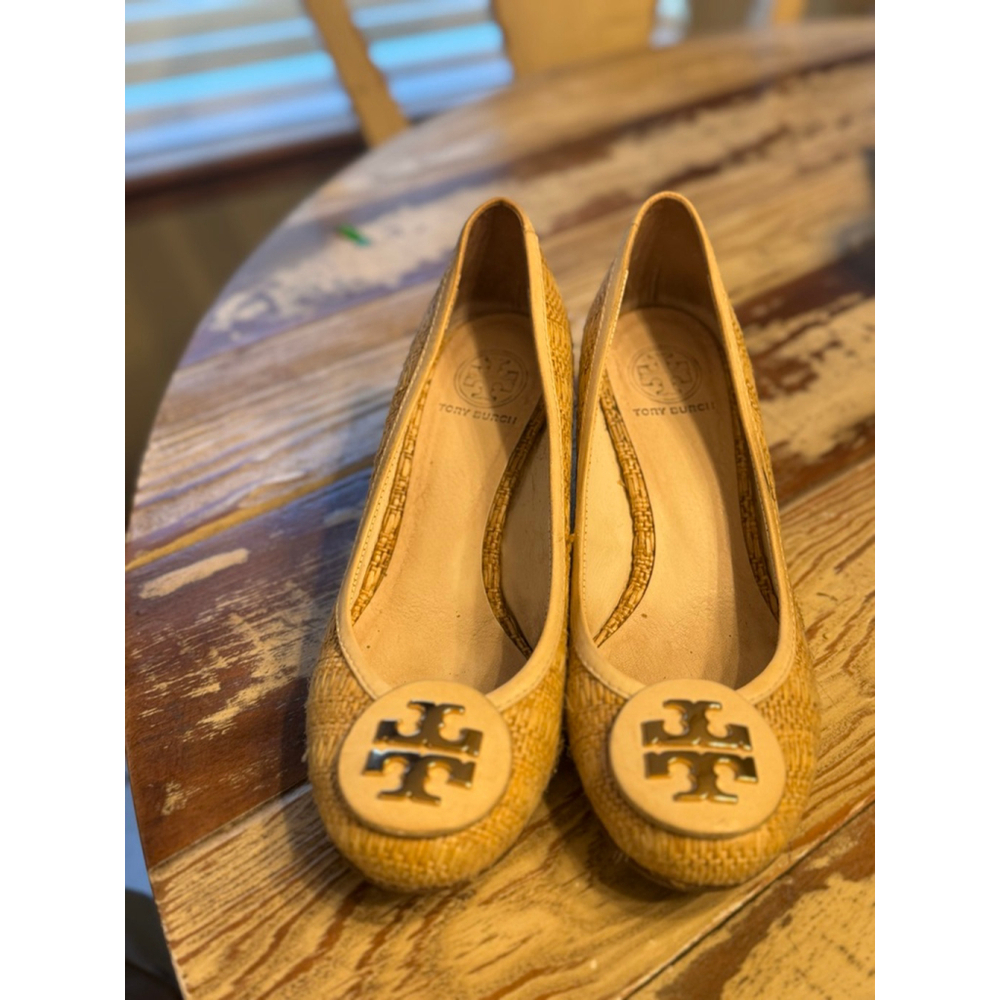 TORY BURCH | Beige Woven Wedge Pumps Size 10